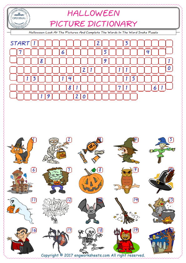  Check the Illustrations of Halloween english worksheets for kids, and Supply the Missing Words in the Word Snake Puzzle ESL play. 
